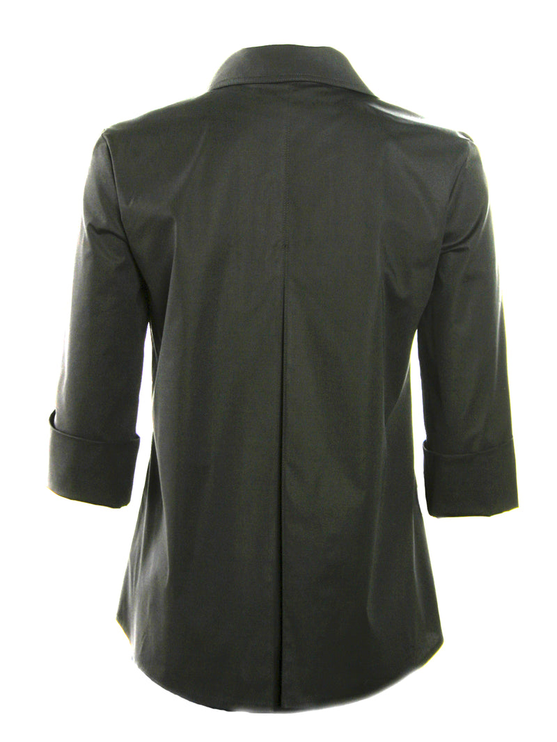 A rear view of The Finley swing shirt, a black 3/4 sleeve blouse with a turnback collar and a rear inverted pleat.