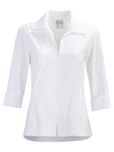 A frontal view of The Finley swing shirt, a white 3/4 sleeve blouse with a turnback collar and a rear inverted pleat.