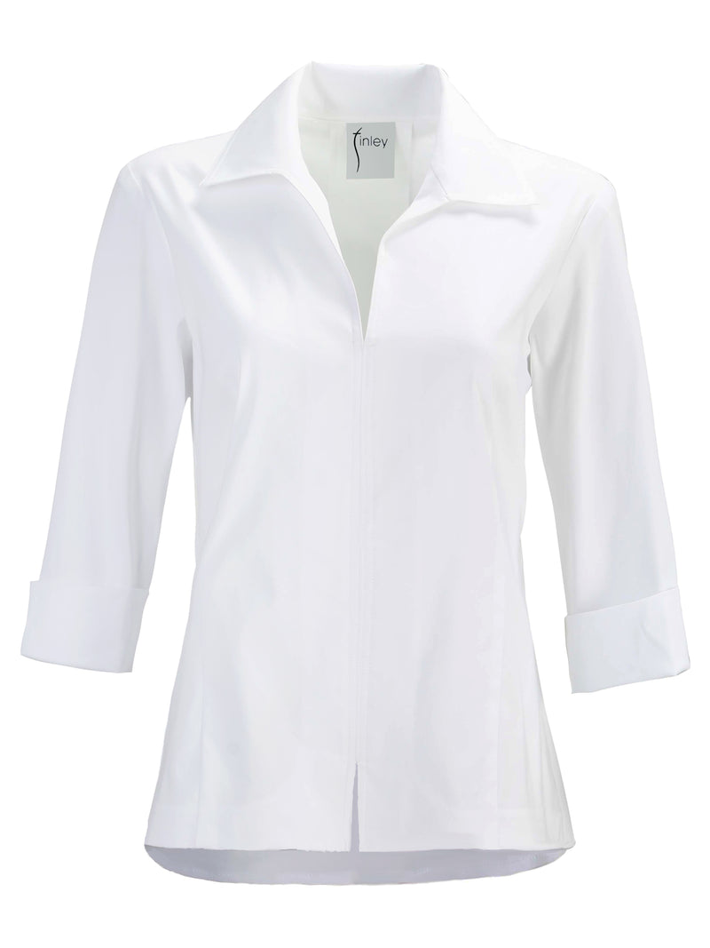 A frontal view of The Finley swing shirt, a white 3/4 sleeve blouse with a turnback collar and a rear inverted pleat.