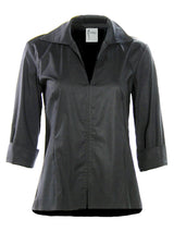 A frontal view of The Finley swing shirt, a black 3/4 sleeve blouse with a turnback collar and a rear inverted pleat.