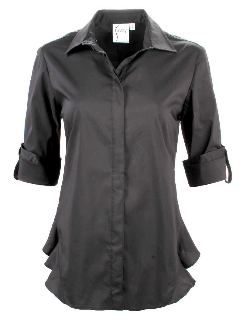 A front view of the Finley Agetha shirt, a black button-down blouse with tabbed sleeves, a flounced hem, and a tailored fit.