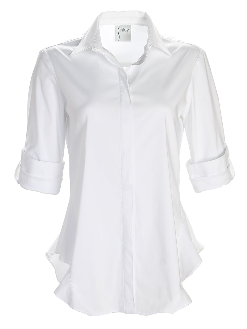 A front view of the Finley Agetha blouse, a white poplin button-down shirt with flounced hem and a tailored fit.