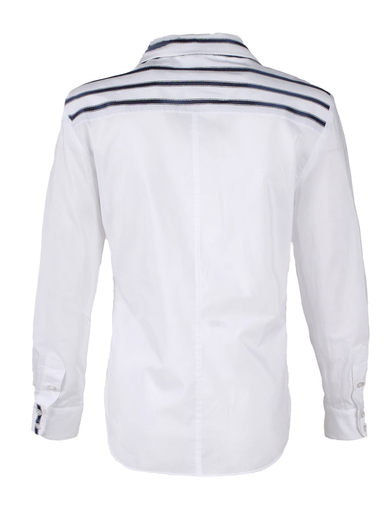 The Finley Alex blouse, a button down women's shirt with embroidered blue and white stripes and a semi-fitted shape. 
