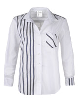 The Finley Alex blouse, a button down women's shirt with embroidered blue and white stripes and a semi-fitted shape. 