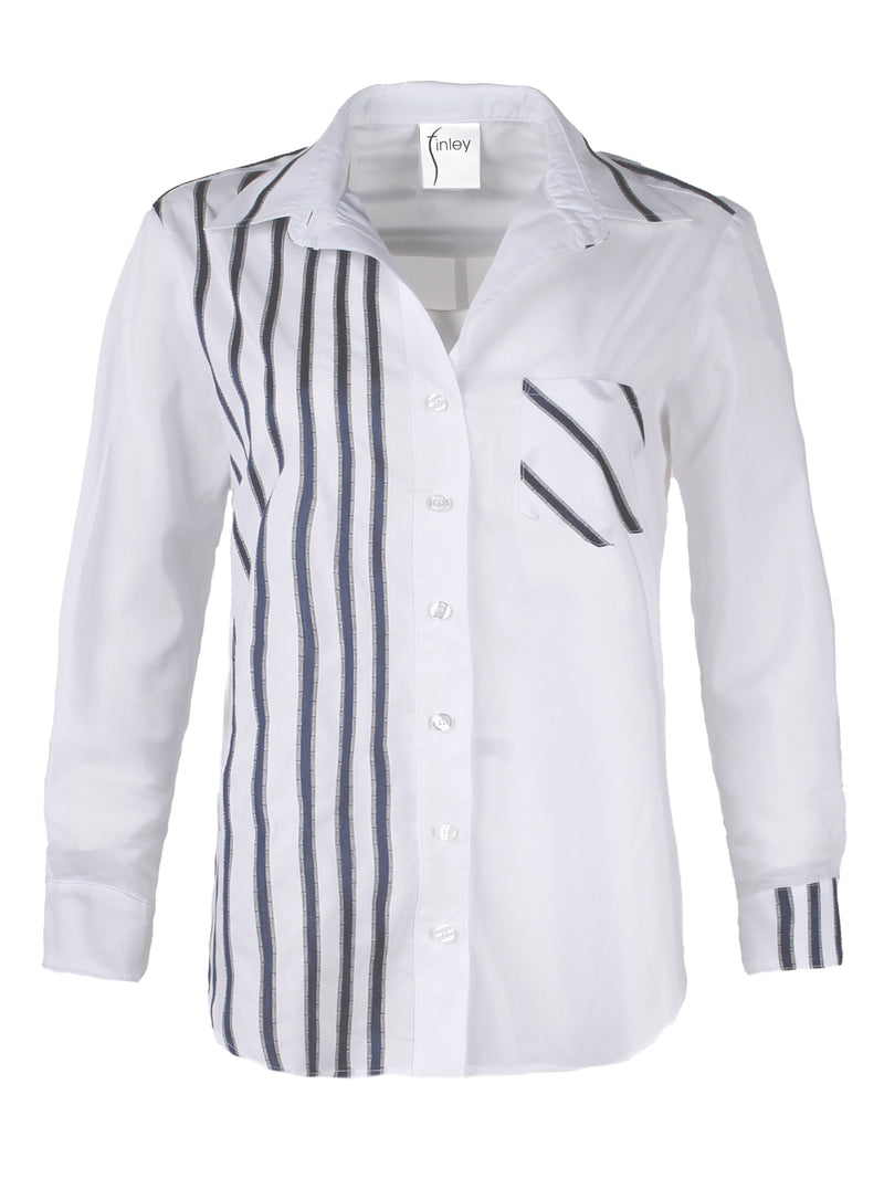The Finley Alex blouse, a button down women's shirt with embroidered blue and white stripes and a semi-fitted shape. 