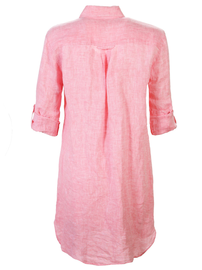 The Finley Alex shirt dress, a pink purple washed linen button down shirt dress with a relaxed shape and barrel cuffs.