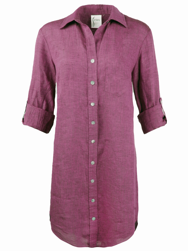The Finley Alex shirt dress, a pink purple washed linen button down shirt dress with a relaxed shape and barrel cuffs.