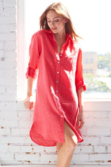 The Finley Alex shirt dress, a pink purple washed linen button down shirt dress with a relaxed shape and barrel cuffs.