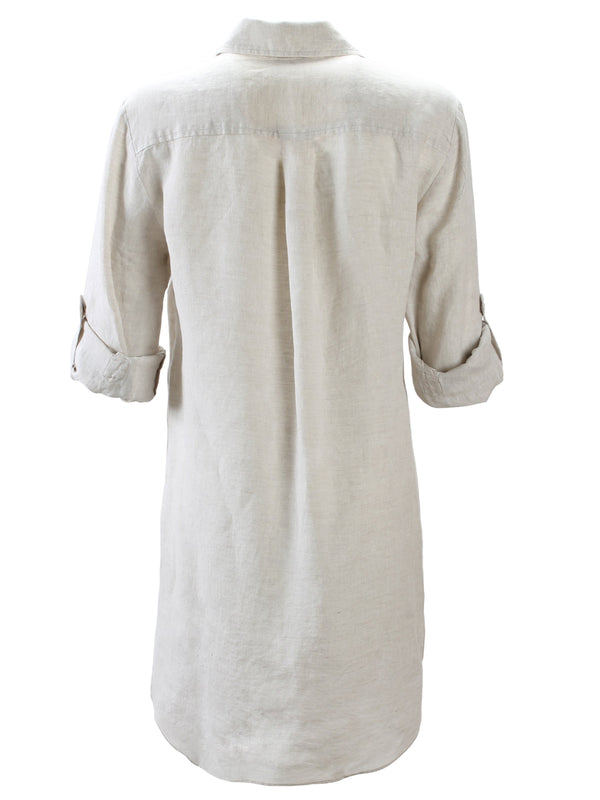 A back view of the Finley Alex dress, a casual washed linen button-down shirt dress with tab sleeves and a relaxed fit.