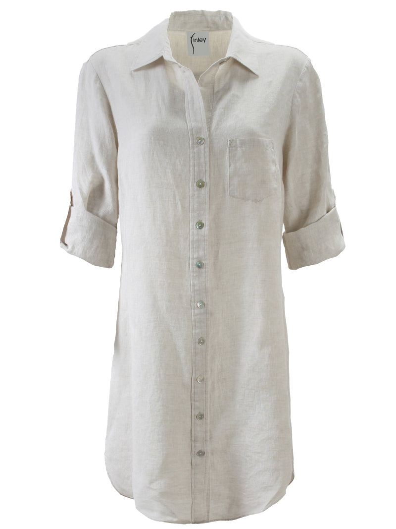 A front view of the Finley Alex dress, a casual washed linen button-down shirt dress with tab sleeves and a relaxed fit.