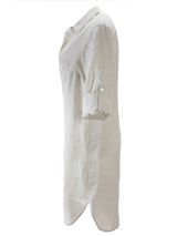 A side view of the Finley Alex dress, a casual washed linen button-down shirt dress with tab sleeves and a relaxed fit.