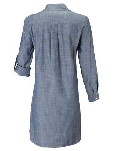 The Finley Alex shirt dress, a button down light tan shirt dress with long barrel cuff sleeves, a chest pocket, and a relaxed fit.
