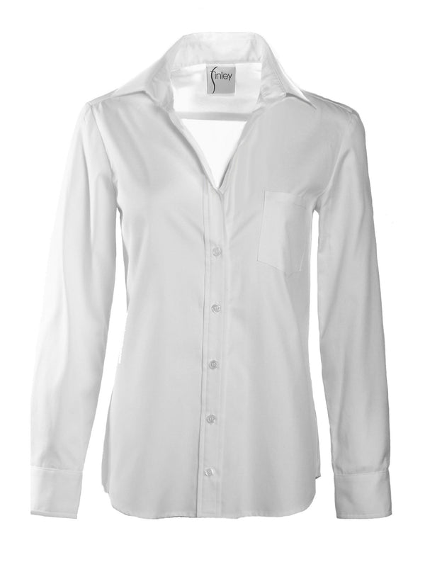 A front view of the Finley Alex blouse, a white button-down poplin shift with a barrel cuff and a relaxed fit.