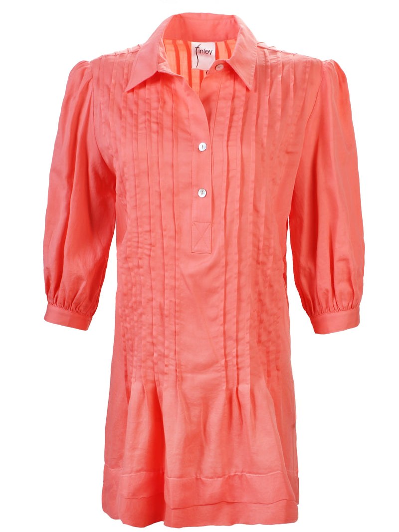 A front view of the Finley Belinda dress, a tucked shirt dress with bracelet sleeves, a spread collar, and a rose red color.