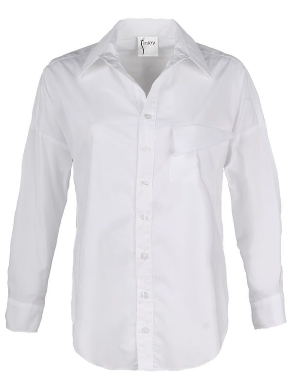The Finley Big Boy boyfriend blouse, a white button up shirt with long sleeves, an asymmetric pocket, and a relaxed fit.