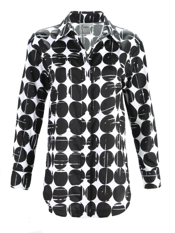 A front view of the Finley boyfriend shirt, a button-down blouse with a relaxed shape and a black and white geometric pattern.