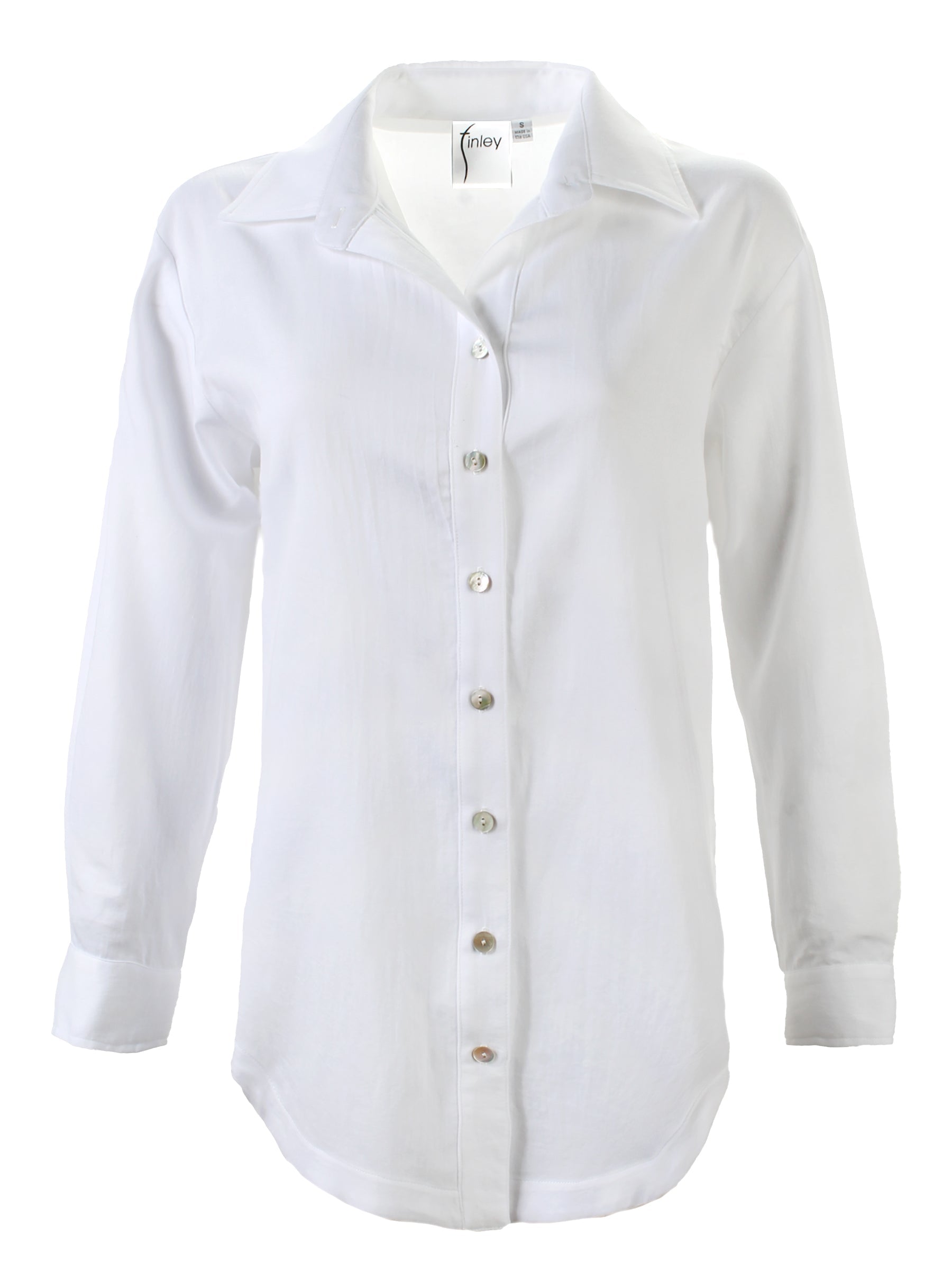 A front view of the Finley boyfriend shirt, a white cotton voile button-down blouse with a relaxed fit.
