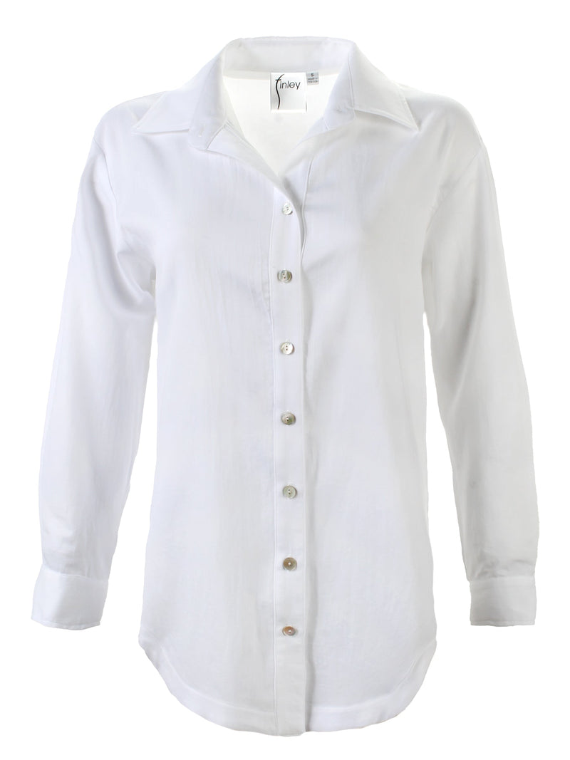 A front view of the Finley boyfriend shirt, a white cotton voile button-down blouse with a relaxed fit.
