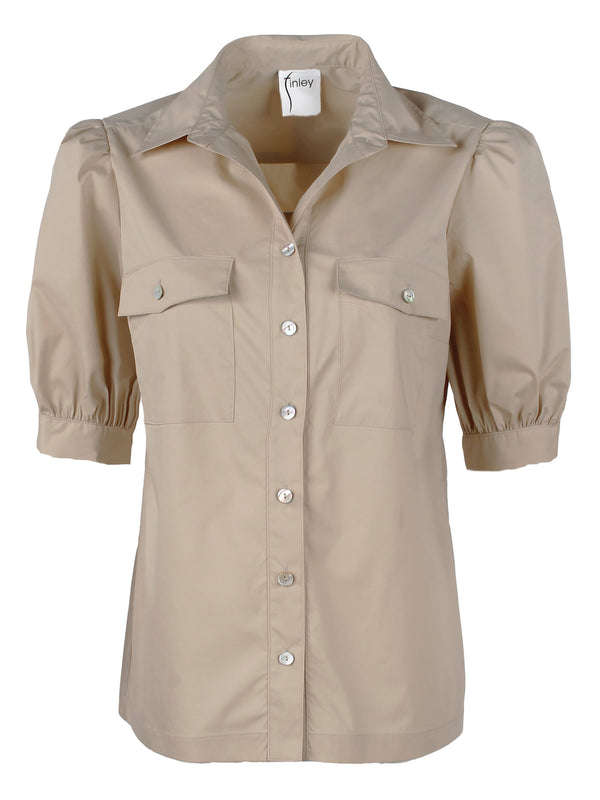 The Finley camp shirt, a white button down weathercloth blouse with chest pockets, short puff sleeves, and a relaxed fit.