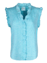 A front view of the Finley Byrdee blouse, a casual sleeveless pale blue button-down washed linen blouse with ruffle sleeves and collar.