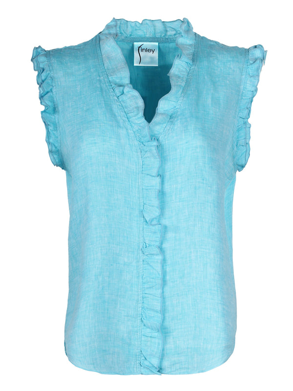 A front view of the Finley Byrdee blouse, a casual sleeveless pale blue button-down washed linen blouse with ruffle sleeves and collar.