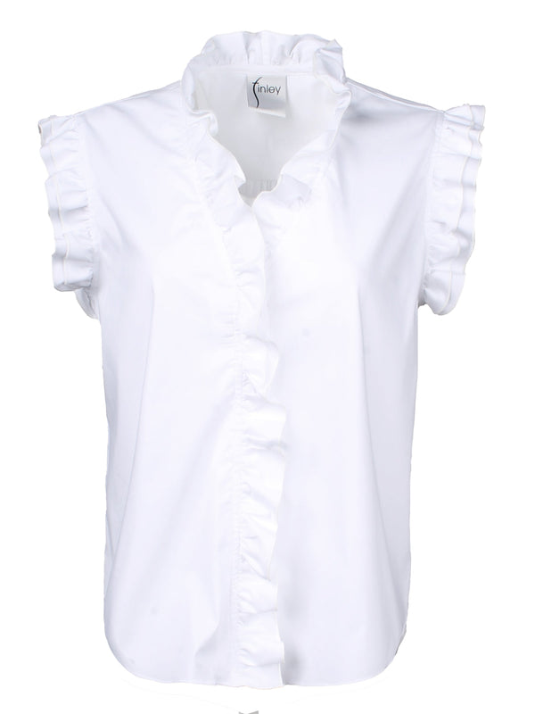 A front view of the Finley Byrdee blouse, a casual sleeveless white button-down blouse with ruffle collar and sleeve detail.