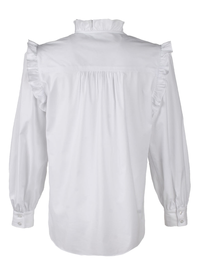 A front view of the Finley Byrdee blouse, a long sleeve white poplin top with ruffled trim, tonal piping, and a v neckline.