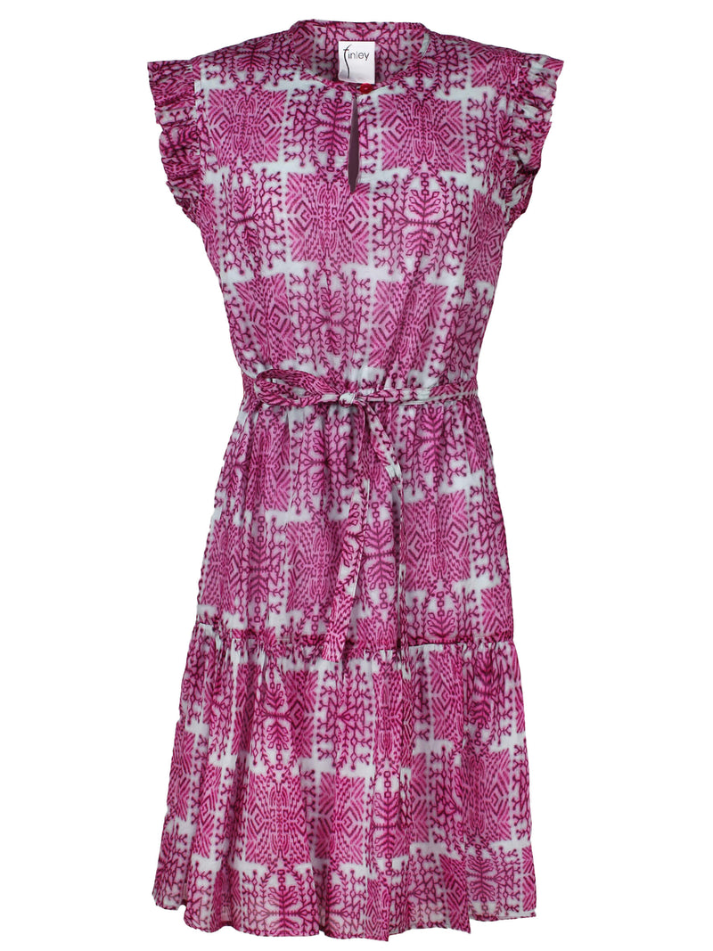 The Finley Caroline dress, a cotton voile midi dress with a tie front and a purple tribal pattern. 