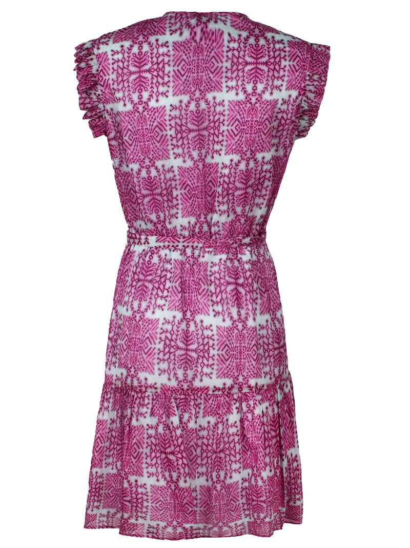The Finley Caroline dress, a cotton voile midi dress with a tie front and a purple tribal pattern. 