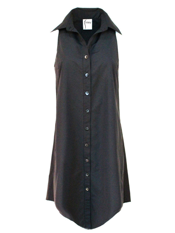 The Finley swing dress, a casual cotton button-down sleeveless black midi shirt dress.