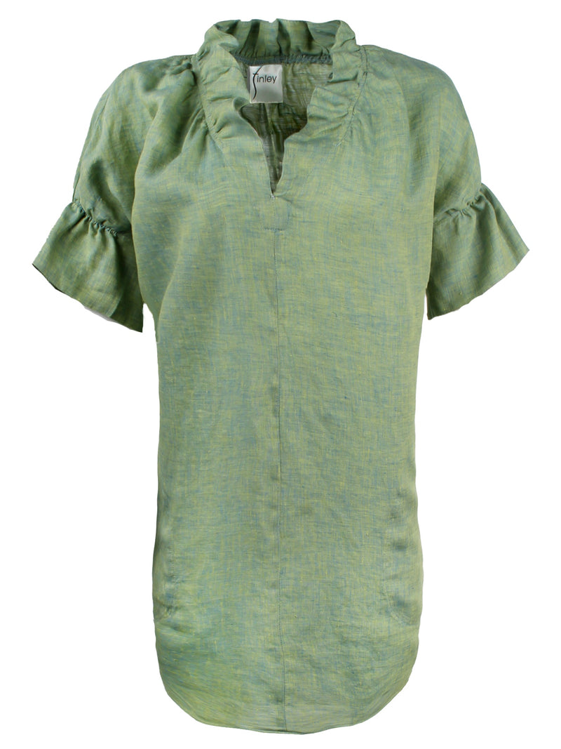 A front view of the Finley Crosby shirt dress, a washed linen dress with ruffled sleeves and collar and a sage green color.