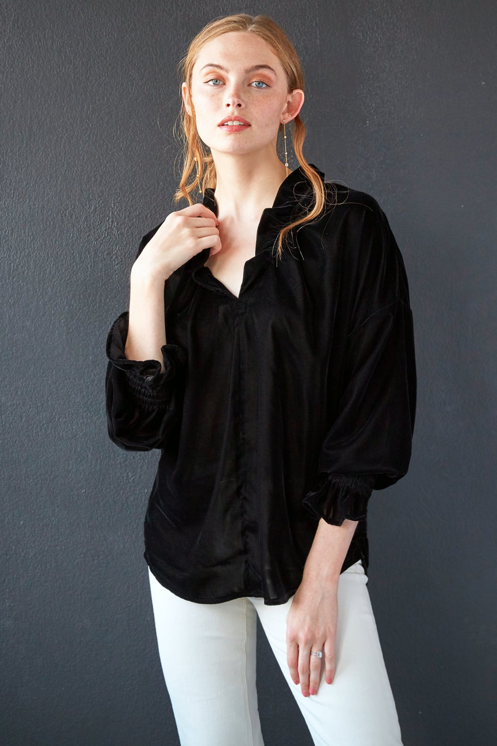 Solid Color Velvet Blouse in Black