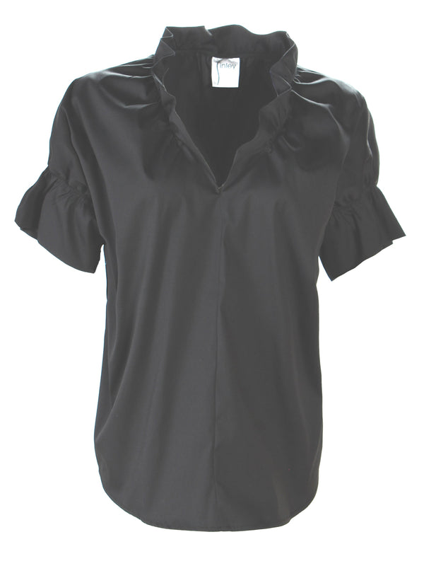 A front view of the Finley Crosby shirt, a black poplin blouse with a ruffle collar and French sleeve detail.