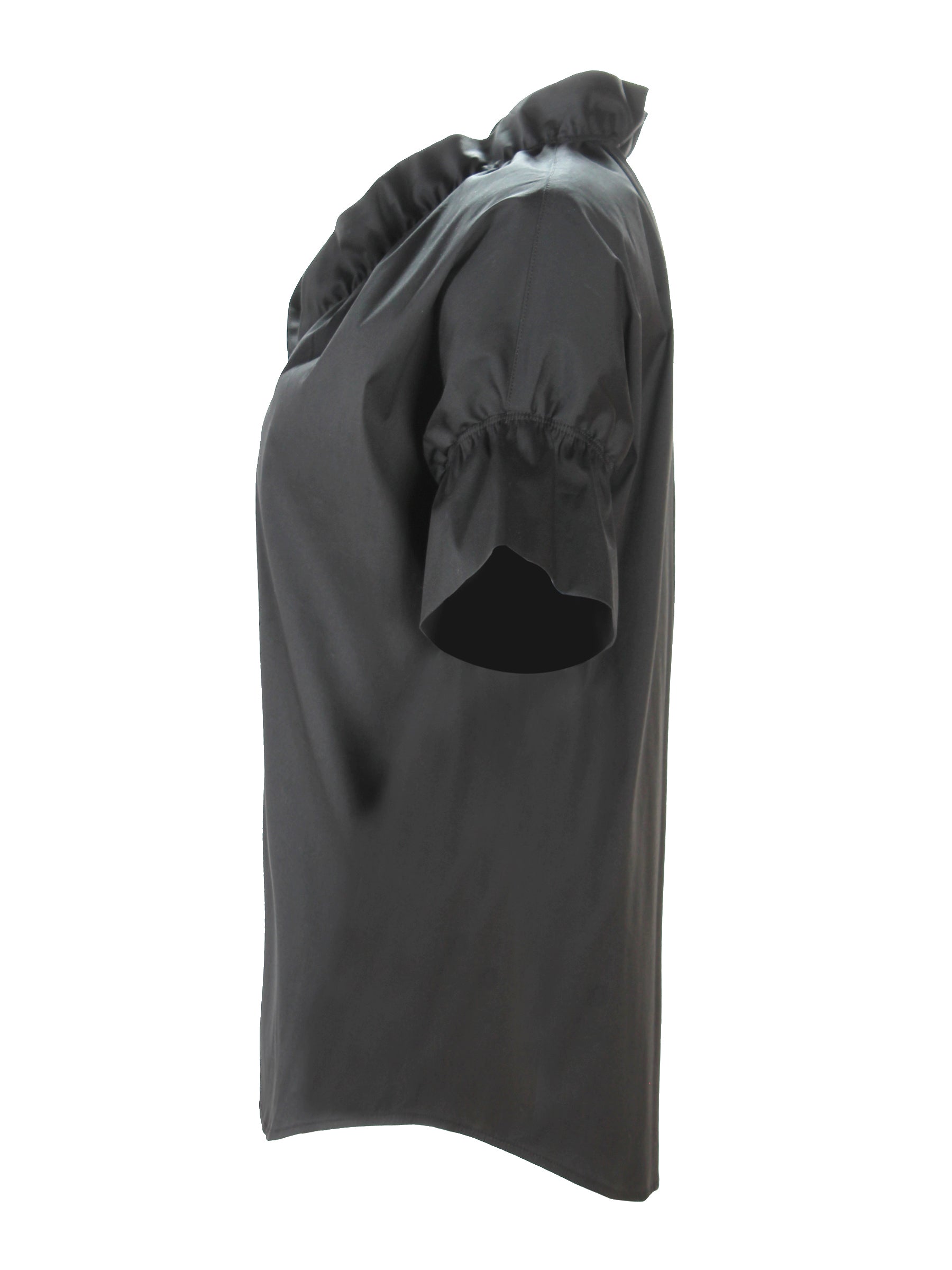 A rear view of the Finley Crosby shirt, a black poplin blouse with a ruffle collar and French sleeve detail.