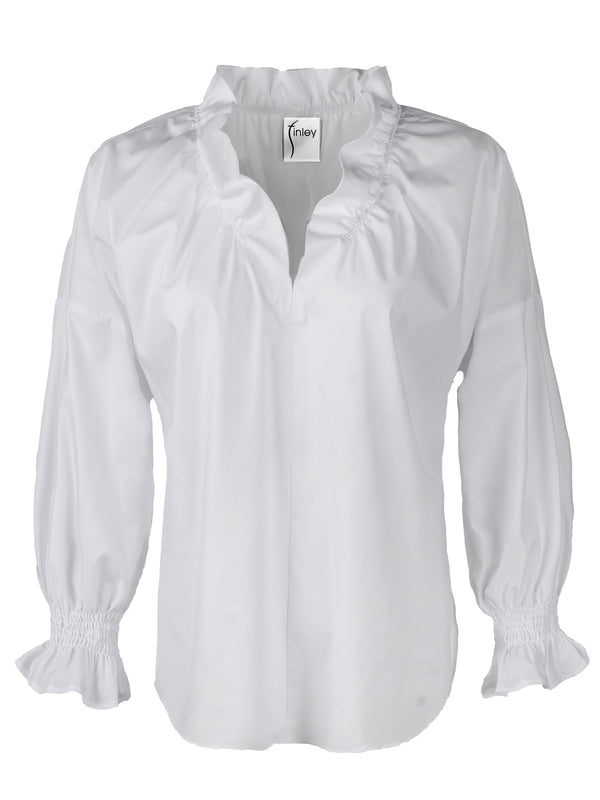 A front view of the Finley Crosby blouse, a long sleeve white poplin button down top with ruffle collar and sleeve detail.