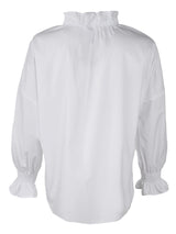 A rear view of the Finley Crosby blouse, a long sleeve white poplin button down top with ruffle collar and sleeve detail.