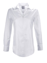 A rear view of the Finley Endora shirt, a white long-sleeve blouse with a half-zip collar and a semi-tailored fit.