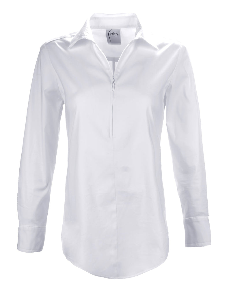 A rear view of the Finley Endora shirt, a white long-sleeve blouse with a half-zip collar and a semi-tailored fit.