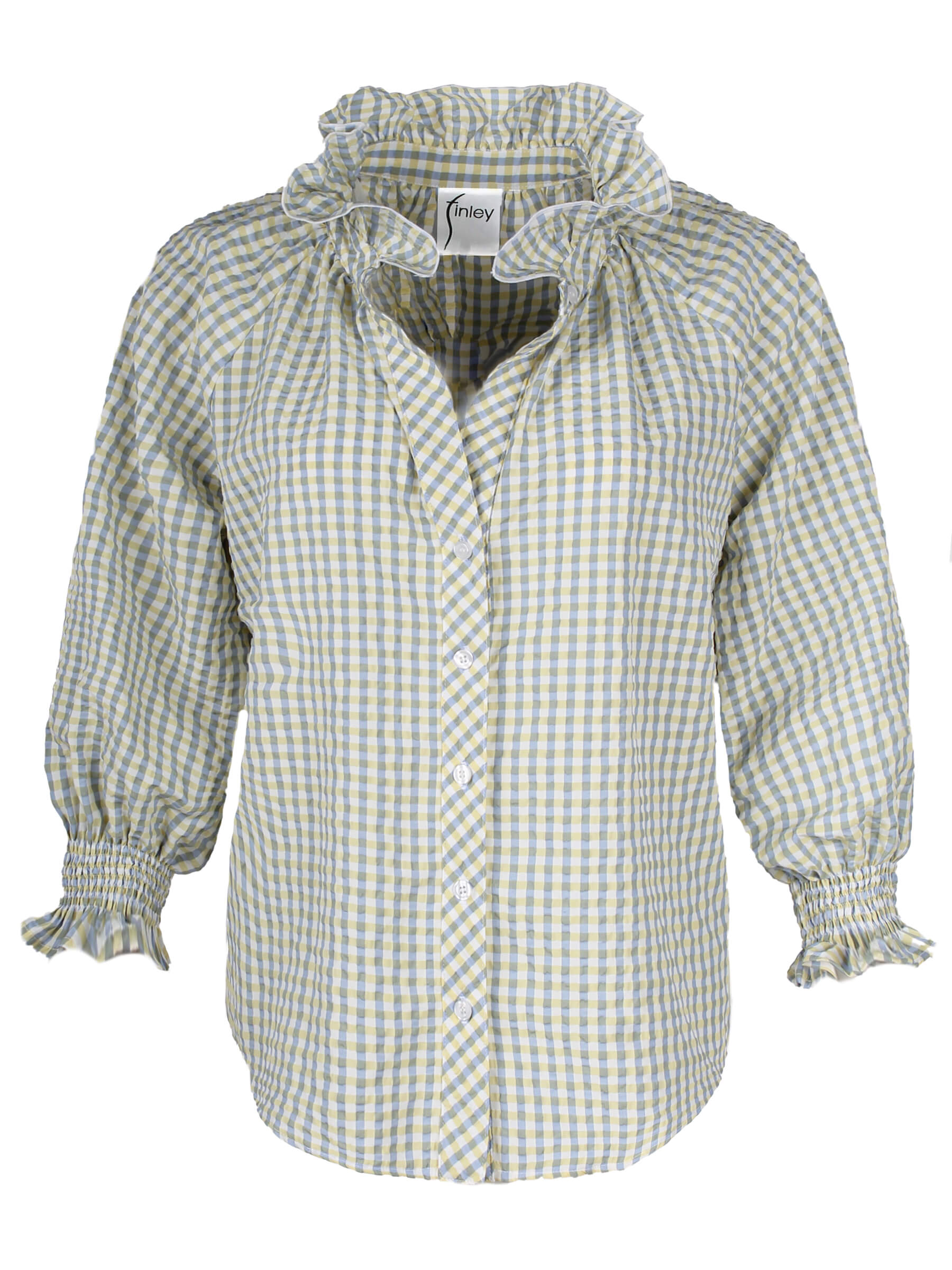The Finley Fiona blouse, a button down top with puff sleeves, a ruffle neckline, and a green & yellow seersucker pattern.