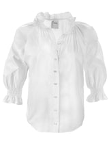 The Finley Fiona blouse, a silky poplin white button down shirt with blouson sleeves, a ruffle collar, and relaxed fit.