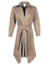 A front view of the Finley Harrison dress, a mushroom brown long sleeve midi shirt dress with a front tie and a spread collar.