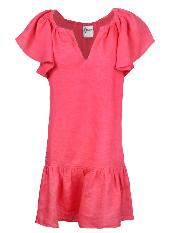 A front view of the Finley Hattie dress, a pink casual washed linen dress with flounced sleeve and hem and relaxed fit.