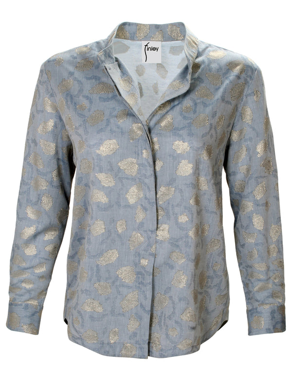 A front view of the Finley Henri blouse, a long sleeve satin popover top with a band collar and an abstract gray print.