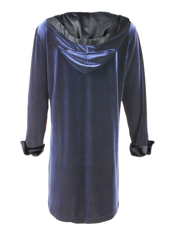 A rear view of the Finley Whisperweight Dress, a navy blue velvet dress with a black hood, black satin trim, and a v-neckline.