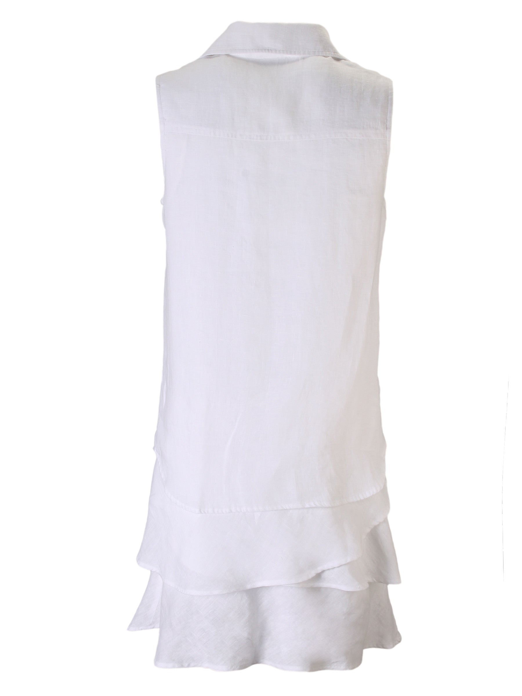 A front view of the Finley Jasmine dress, a white sleeveless washed linen shirt dress with French accents.
