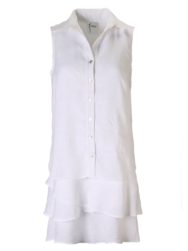 A front view of the Finley Jasmine dress, a white sleeveless washed linen shirt dress with French accents.