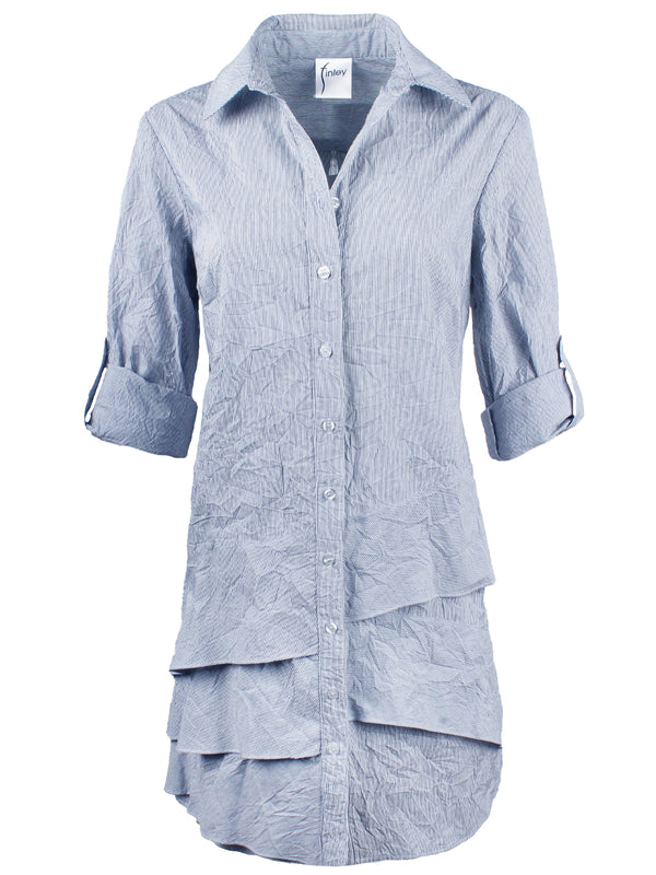 The Finley Jenna dress, a button-down crushed blue and white striped dress with a bias flounce hem accent.