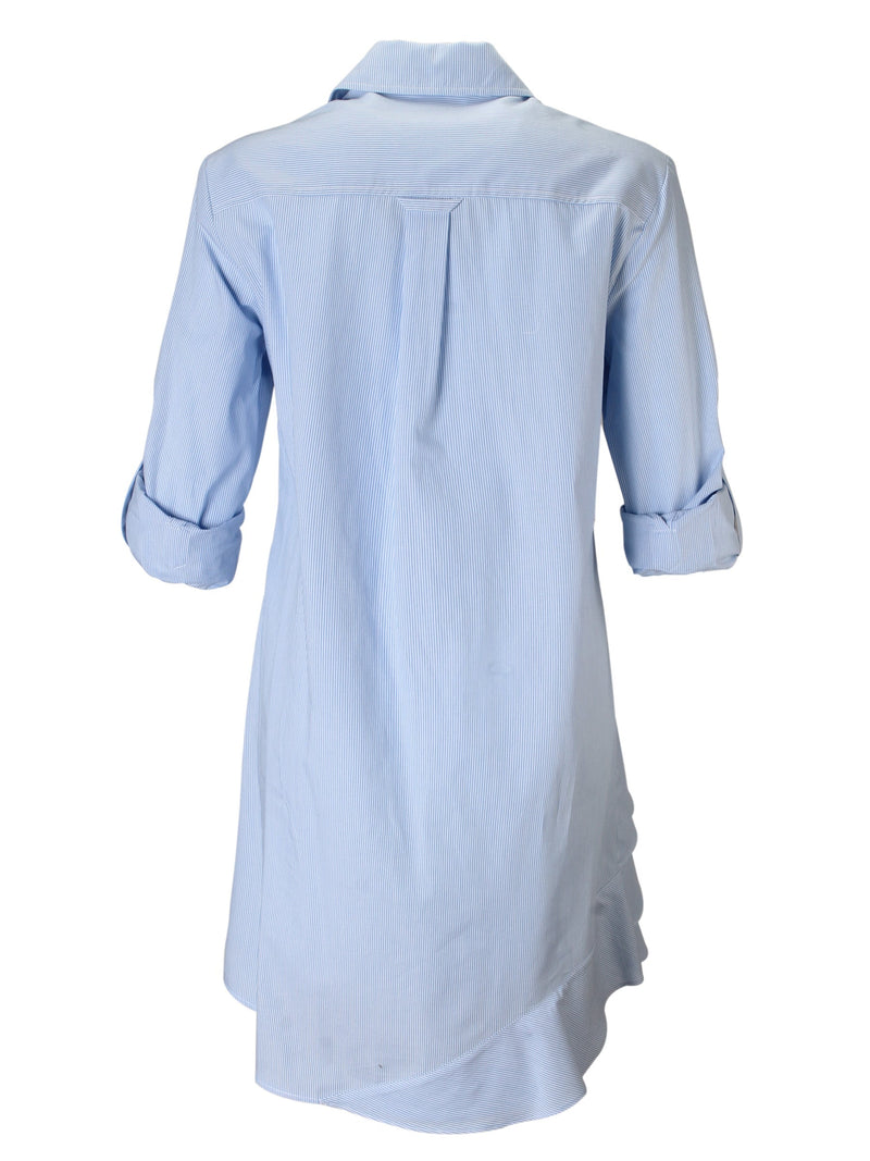 A back view of the Finley Jenna dress, a button up midi shirt dress with ruffle detail and a crushed pinstripe pattern.