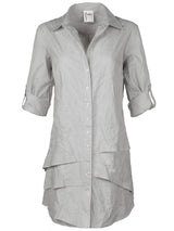 A front view of the Finley Jenna dress, a button up midi shirt dress with ruffle detail and a crushed pinstripe pattern.
