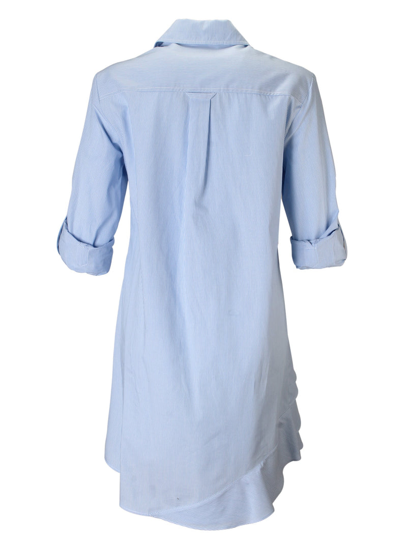 A rear view of the Finley Jenna dress, a blue and white striped cotton shirtdress with bias flounces accents.